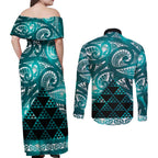 Matariki New Zealand Couples Matching Off Shoulder Maxi Dress and Long Sleeve Button Shirt NZ Niho Taniwha Maori New Year Cyan Galaxy