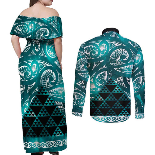 Matariki New Zealand Couples Matching Off Shoulder Maxi Dress and Long Sleeve Button Shirt NZ Niho Taniwha Maori New Year Cyan Galaxy
