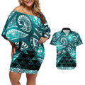Matariki New Zealand Couples Matching Off Shoulder Short Dress and Hawaiian Shirt NZ Niho Taniwha Maori New Year Cyan Galaxy