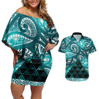 Matariki New Zealand Couples Matching Off Shoulder Short Dress and Hawaiian Shirt NZ Niho Taniwha Maori New Year Cyan Galaxy