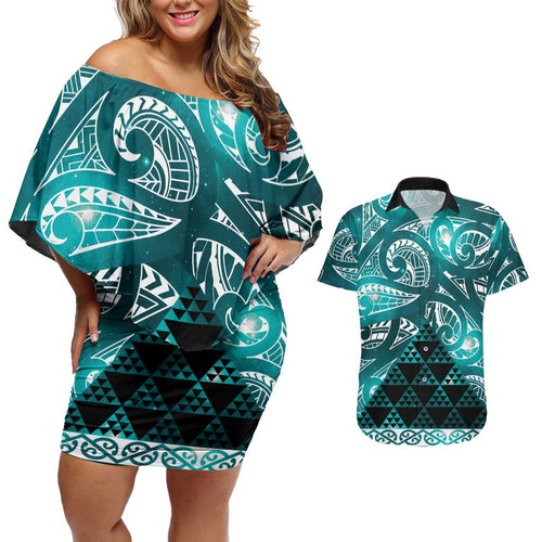 Matariki New Zealand Couples Matching Off Shoulder Short Dress and Hawaiian Shirt NZ Niho Taniwha Maori New Year Cyan Galaxy