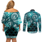 Matariki New Zealand Couples Matching Off Shoulder Short Dress and Long Sleeve Button Shirt NZ Niho Taniwha Maori New Year Cyan Galaxy