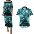 Matariki New Zealand Couples Matching Puletasi and Hawaiian Shirt NZ Niho Taniwha Maori New Year Cyan Galaxy