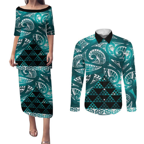 Matariki New Zealand Couples Matching Puletasi and Long Sleeve Button Shirt NZ Niho Taniwha Maori New Year Cyan Galaxy