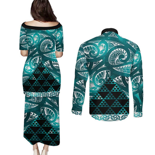 Matariki New Zealand Couples Matching Puletasi and Long Sleeve Button Shirt NZ Niho Taniwha Maori New Year Cyan Galaxy