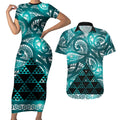 Matariki New Zealand Couples Matching Short Sleeve Bodycon Dress and Hawaiian Shirt NZ Niho Taniwha Maori New Year Cyan Galaxy