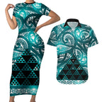 Matariki New Zealand Couples Matching Short Sleeve Bodycon Dress and Hawaiian Shirt NZ Niho Taniwha Maori New Year Cyan Galaxy
