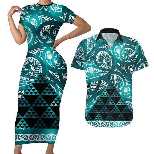 Matariki New Zealand Couples Matching Short Sleeve Bodycon Dress and Hawaiian Shirt NZ Niho Taniwha Maori New Year Cyan Galaxy