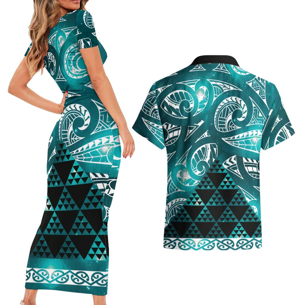 Matariki New Zealand Couples Matching Short Sleeve Bodycon Dress and Hawaiian Shirt NZ Niho Taniwha Maori New Year Cyan Galaxy