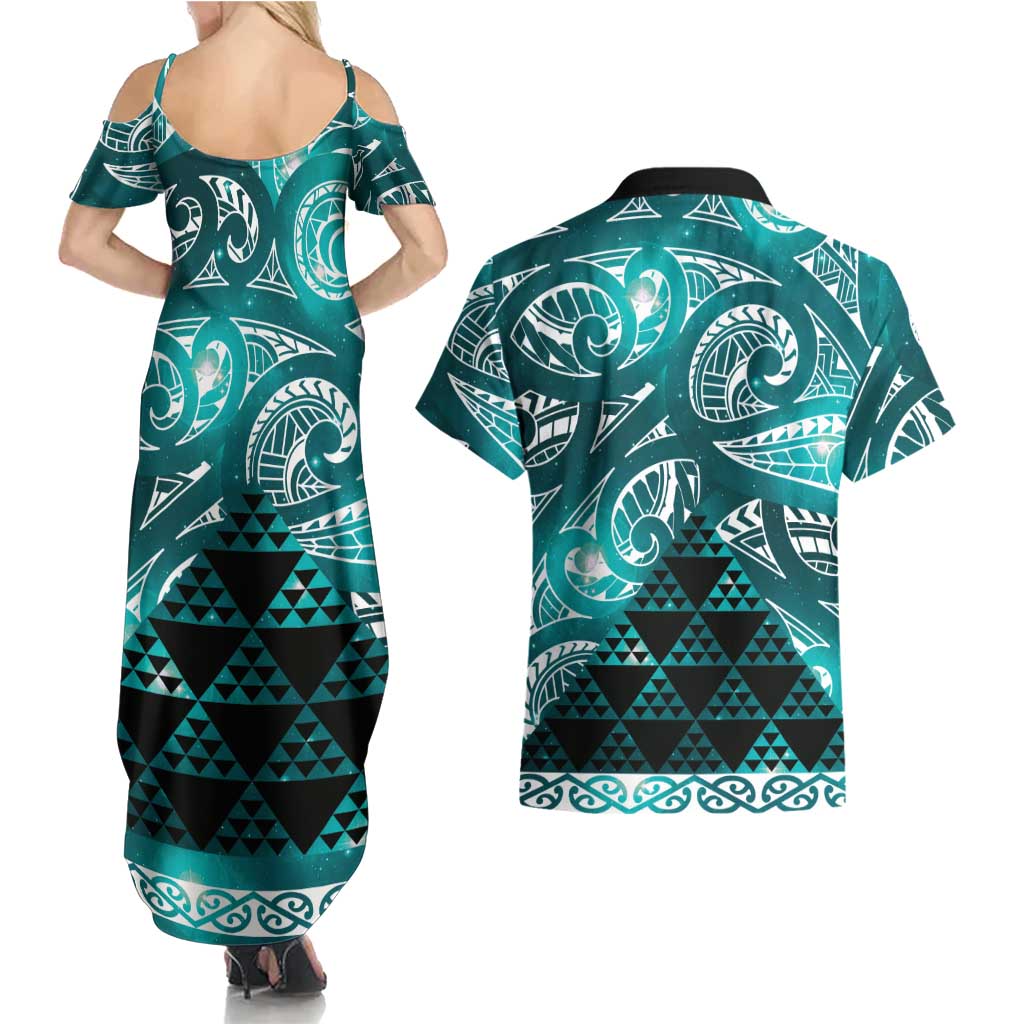Matariki New Zealand Couples Matching Summer Maxi Dress and Hawaiian Shirt NZ Niho Taniwha Maori New Year Cyan Galaxy