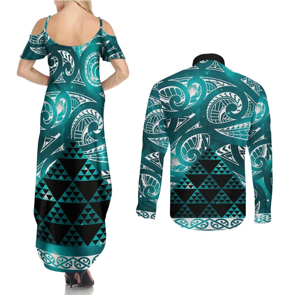 Matariki New Zealand Couples Matching Summer Maxi Dress and Long Sleeve Button Shirt NZ Niho Taniwha Maori New Year Cyan Galaxy