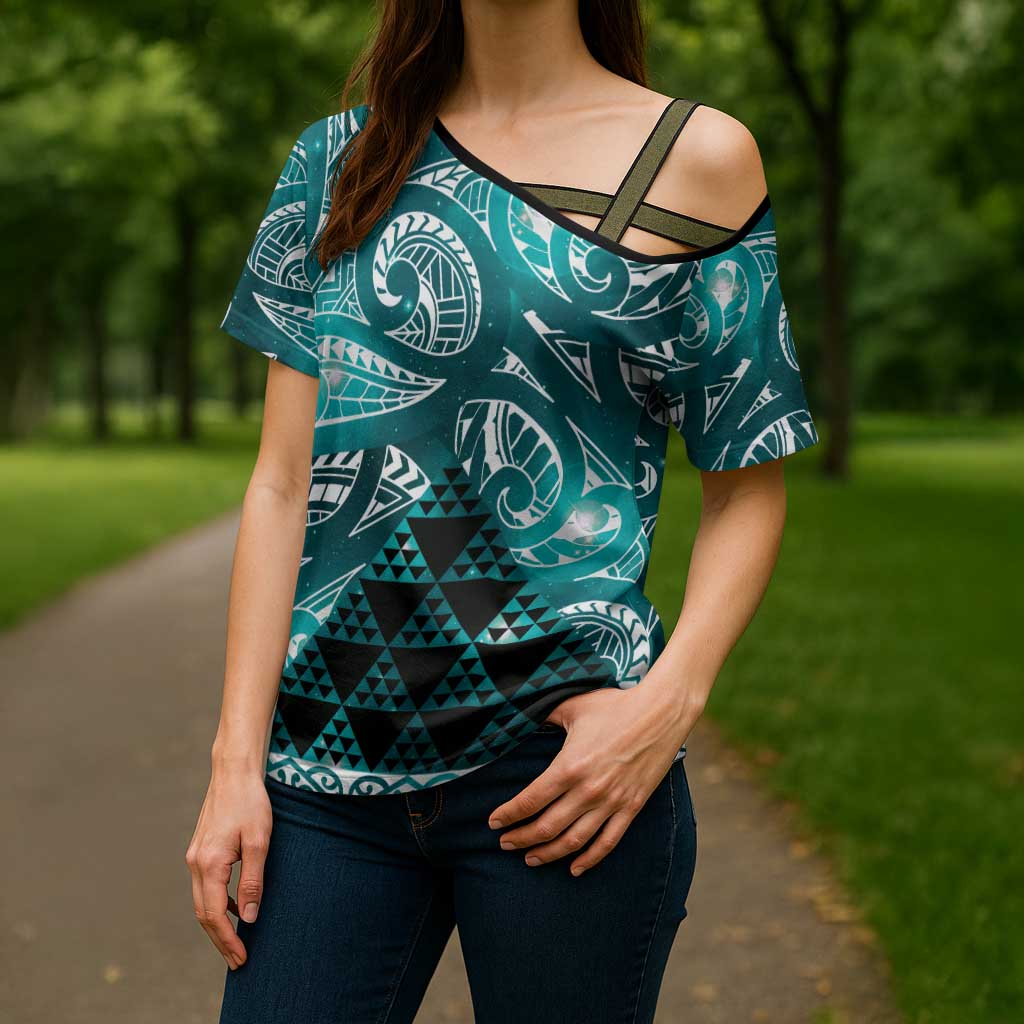 Matariki New Zealand Cross Shoulder Shirt NZ Niho Taniwha Maori New Year Cyan Galaxy