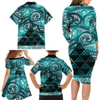 Matariki New Zealand Family Matching Long Sleeve Bodycon Dress and Hawaiian Shirt NZ Niho Taniwha Maori New Year Cyan Galaxy
