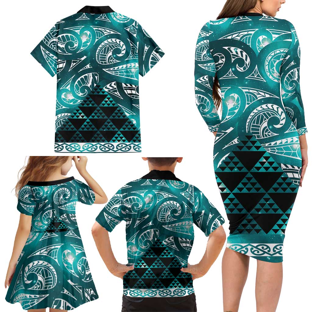 Matariki New Zealand Family Matching Long Sleeve Bodycon Dress and Hawaiian Shirt NZ Niho Taniwha Maori New Year Cyan Galaxy