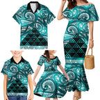 Matariki New Zealand Family Matching Mermaid Dress and Hawaiian Shirt NZ Niho Taniwha Maori New Year Cyan Galaxy