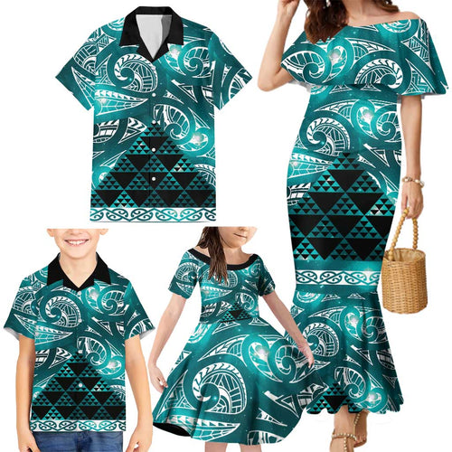 Matariki New Zealand Family Matching Mermaid Dress and Hawaiian Shirt NZ Niho Taniwha Maori New Year Cyan Galaxy
