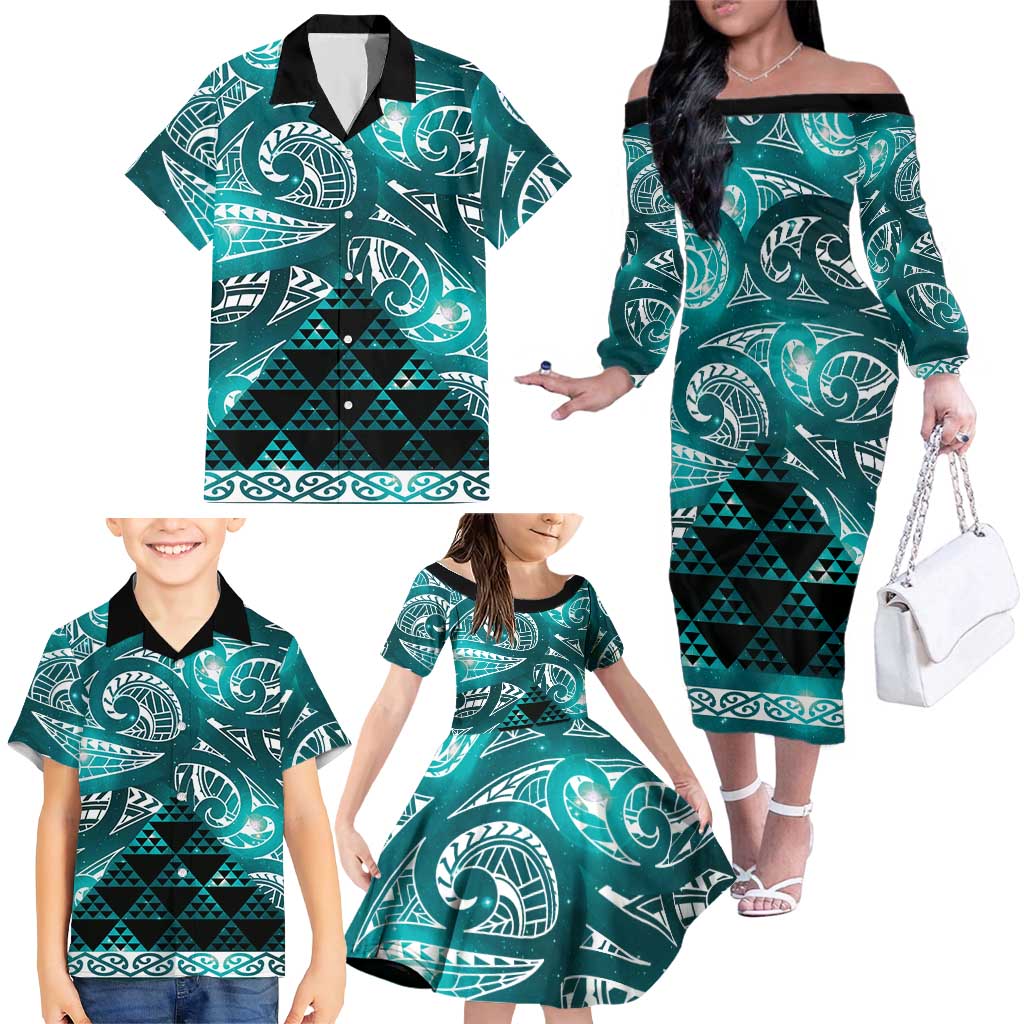 Matariki New Zealand Family Matching Off The Shoulder Long Sleeve Dress and Hawaiian Shirt NZ Niho Taniwha Maori New Year Cyan Galaxy