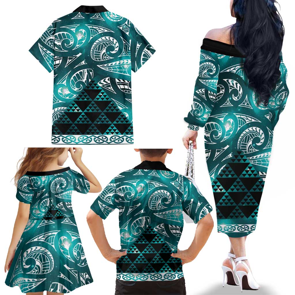 Matariki New Zealand Family Matching Off The Shoulder Long Sleeve Dress and Hawaiian Shirt NZ Niho Taniwha Maori New Year Cyan Galaxy