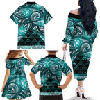 Matariki New Zealand Family Matching Off The Shoulder Long Sleeve Dress and Hawaiian Shirt NZ Niho Taniwha Maori New Year Cyan Galaxy