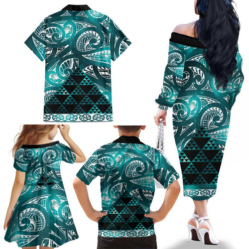Matariki New Zealand Family Matching Off The Shoulder Long Sleeve Dress and Hawaiian Shirt NZ Niho Taniwha Maori New Year Cyan Galaxy