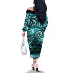 Matariki New Zealand Family Matching Off The Shoulder Long Sleeve Dress and Hawaiian Shirt NZ Niho Taniwha Maori New Year Cyan Galaxy