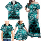Matariki New Zealand Family Matching Off Shoulder Maxi Dress and Hawaiian Shirt NZ Niho Taniwha Maori New Year Cyan Galaxy