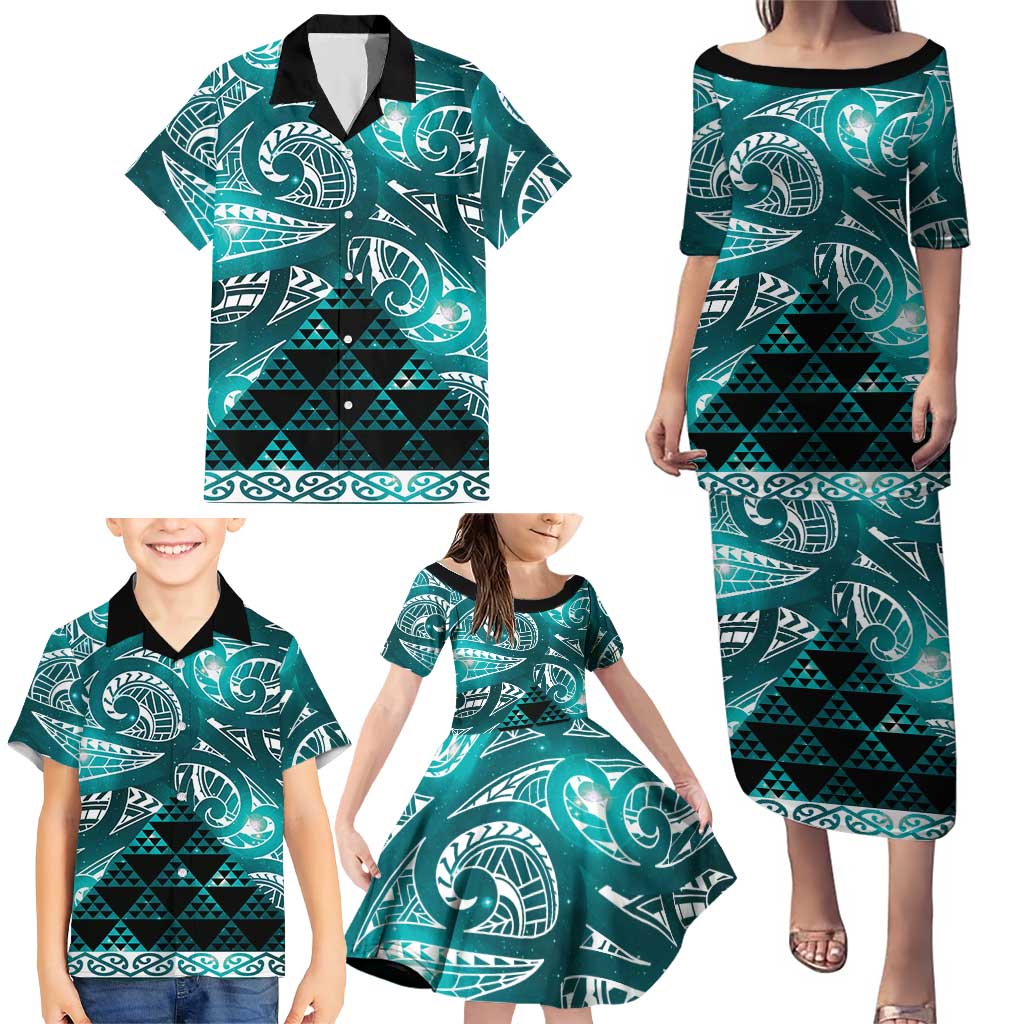 Matariki New Zealand Family Matching Puletasi and Hawaiian Shirt NZ Niho Taniwha Maori New Year Cyan Galaxy