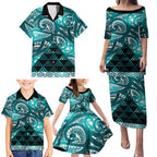 Matariki New Zealand Family Matching Puletasi and Hawaiian Shirt NZ Niho Taniwha Maori New Year Cyan Galaxy