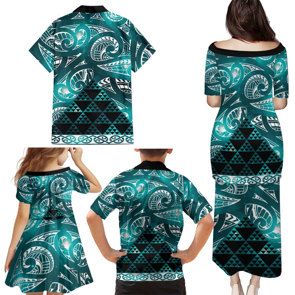 Matariki New Zealand Family Matching Puletasi and Hawaiian Shirt NZ Niho Taniwha Maori New Year Cyan Galaxy