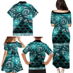 Matariki New Zealand Family Matching Puletasi and Hawaiian Shirt NZ Niho Taniwha Maori New Year Cyan Galaxy