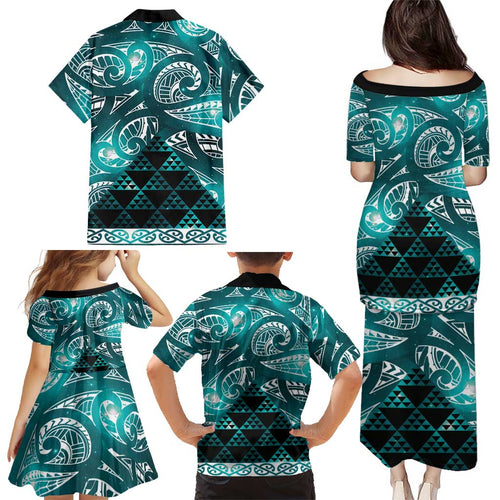 Matariki New Zealand Family Matching Puletasi and Hawaiian Shirt NZ Niho Taniwha Maori New Year Cyan Galaxy