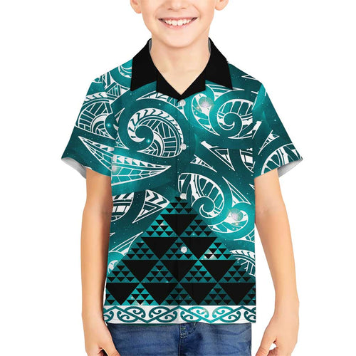 Matariki New Zealand Family Matching Short Sleeve Bodycon Dress and Hawaiian Shirt NZ Niho Taniwha Maori New Year Cyan Galaxy