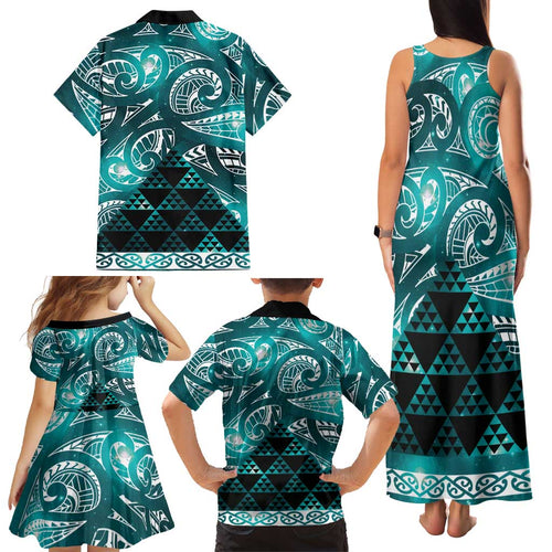 Matariki New Zealand Family Matching Tank Maxi Dress and Hawaiian Shirt NZ Niho Taniwha Maori New Year Cyan Galaxy