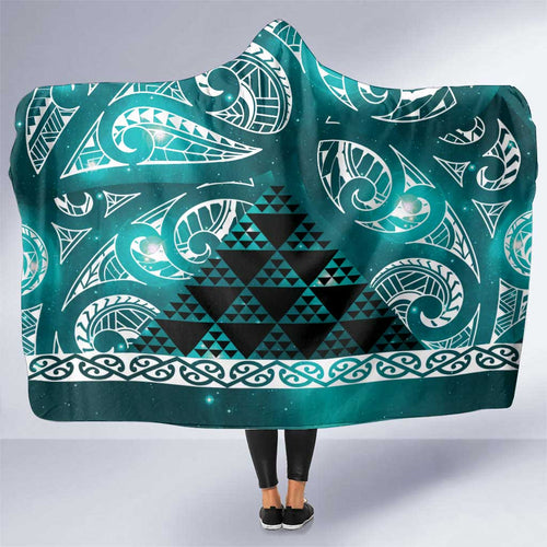 Matariki New Zealand Hooded Blanket NZ Niho Taniwha Maori New Year Cyan Galaxy