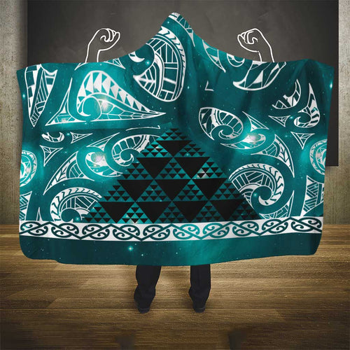 Matariki New Zealand Hooded Blanket NZ Niho Taniwha Maori New Year Cyan Galaxy