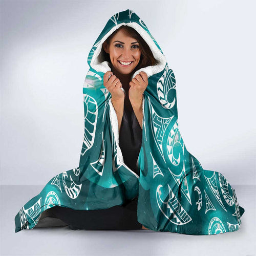 Matariki New Zealand Hooded Blanket NZ Niho Taniwha Maori New Year Cyan Galaxy