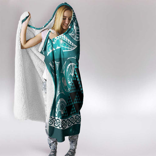 Matariki New Zealand Hooded Blanket NZ Niho Taniwha Maori New Year Cyan Galaxy