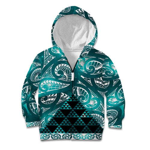 Matariki New Zealand Kid Hoodie NZ Niho Taniwha Maori New Year Cyan Galaxy