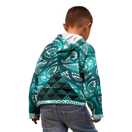 Matariki New Zealand Kid Hoodie NZ Niho Taniwha Maori New Year Cyan Galaxy