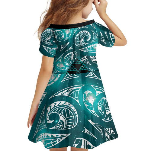 Matariki New Zealand Kid Short Sleeve Dress NZ Niho Taniwha Maori New Year Cyan Galaxy