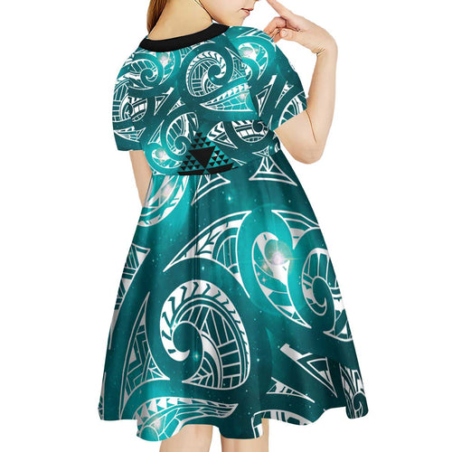 Matariki New Zealand Kid Short Sleeve Dress NZ Niho Taniwha Maori New Year Cyan Galaxy