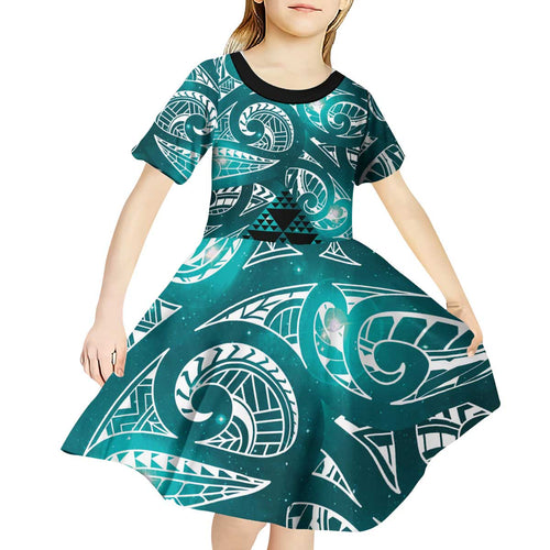 Matariki New Zealand Kid Short Sleeve Dress NZ Niho Taniwha Maori New Year Cyan Galaxy