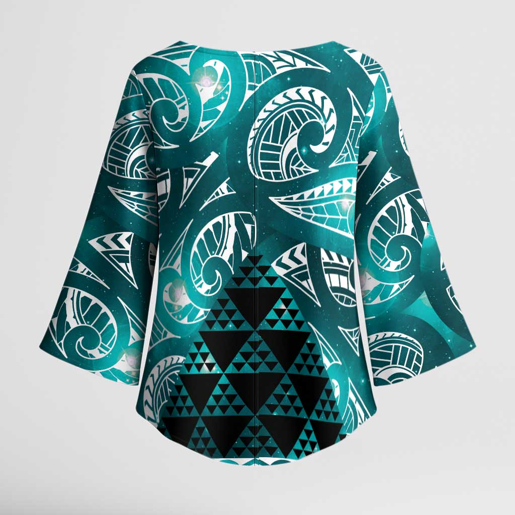 Matariki New Zealand Kimono Sleeve Blouse NZ Niho Taniwha Maori New Year Cyan Galaxy