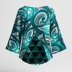 Matariki New Zealand Kimono Sleeve Blouse NZ Niho Taniwha Maori New Year Cyan Galaxy