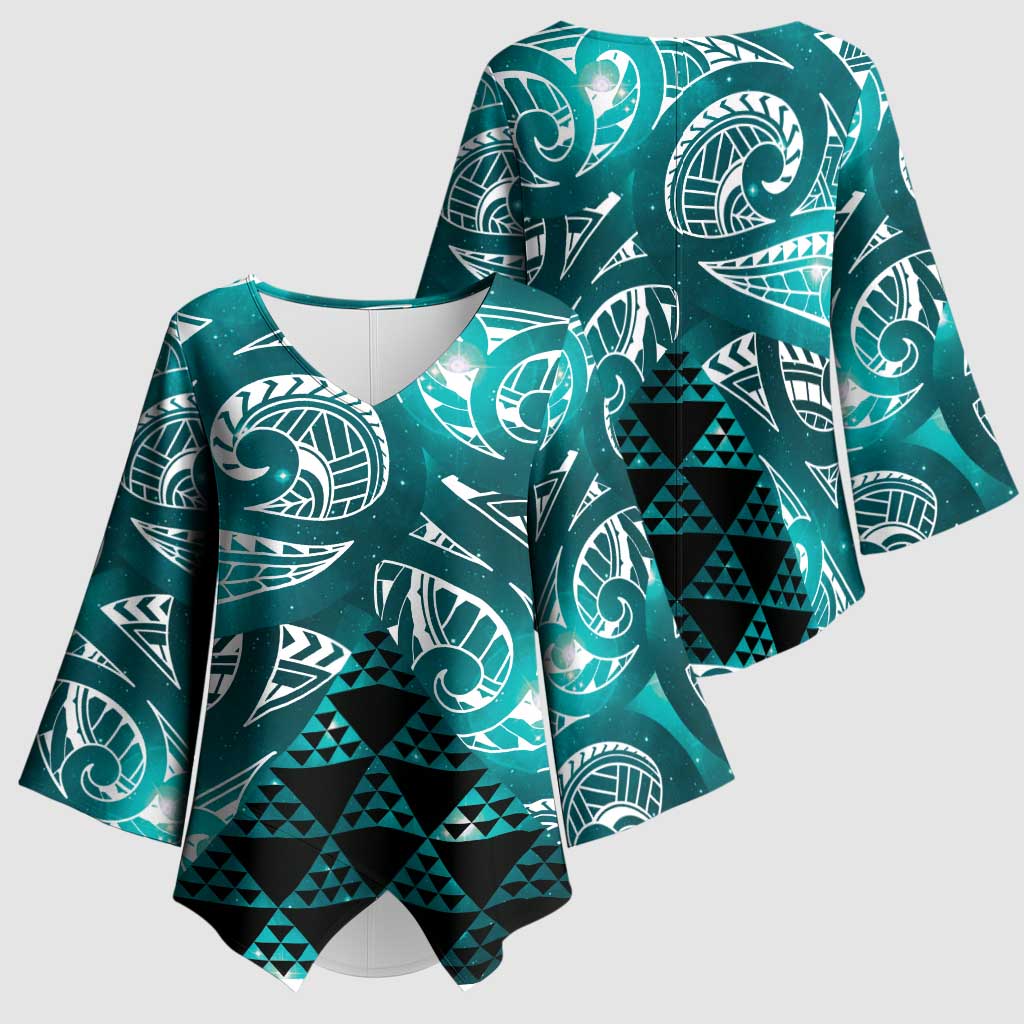 Matariki New Zealand Kimono Sleeve Blouse NZ Niho Taniwha Maori New Year Cyan Galaxy
