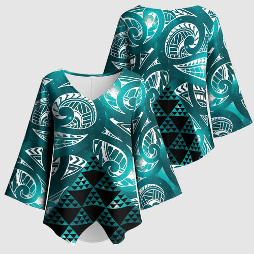 Matariki New Zealand Kimono Sleeve Blouse NZ Niho Taniwha Maori New Year Cyan Galaxy