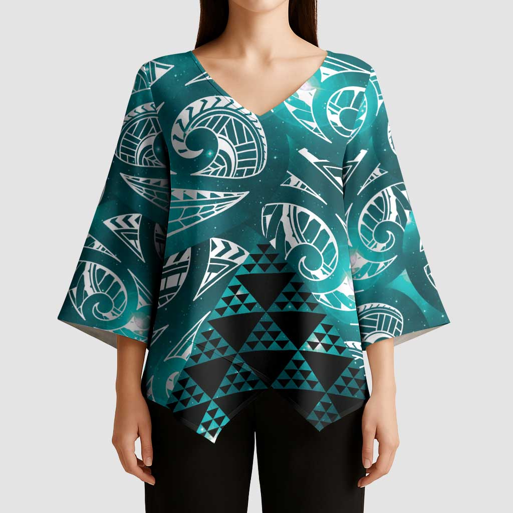 Matariki New Zealand Kimono Sleeve Blouse NZ Niho Taniwha Maori New Year Cyan Galaxy