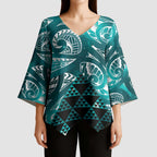 Matariki New Zealand Kimono Sleeve Blouse NZ Niho Taniwha Maori New Year Cyan Galaxy