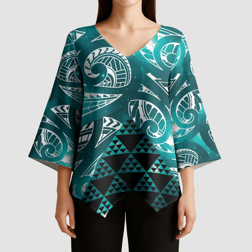 Matariki New Zealand Kimono Sleeve Blouse NZ Niho Taniwha Maori New Year Cyan Galaxy