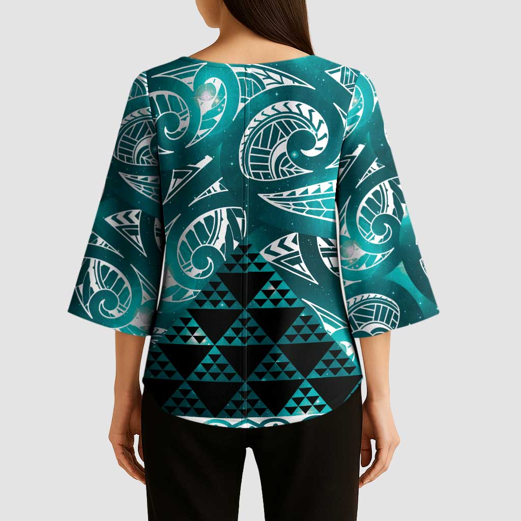 Matariki New Zealand Kimono Sleeve Blouse NZ Niho Taniwha Maori New Year Cyan Galaxy